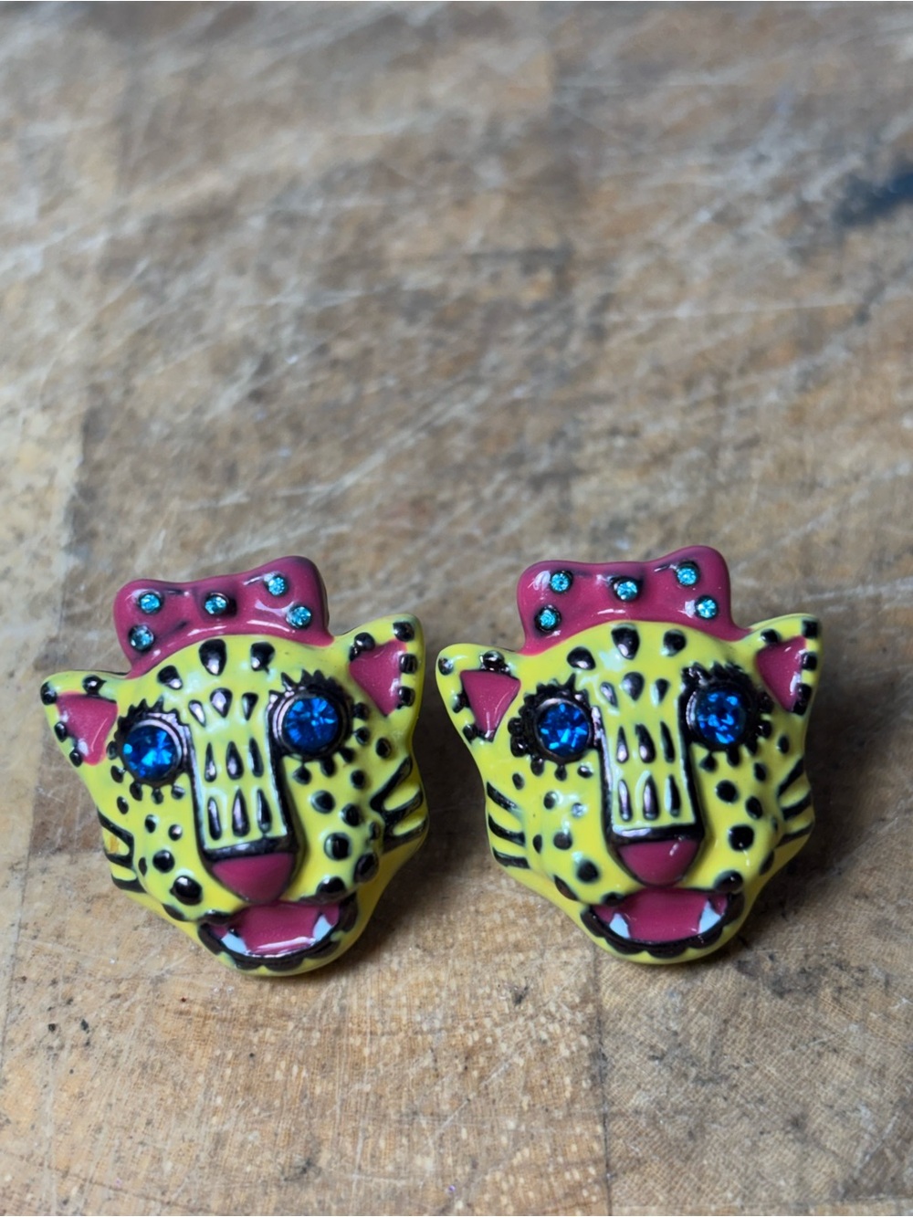 Betsey Johnson Enamel Cheetah Stud Earrings Blue Rhinestone Eyes